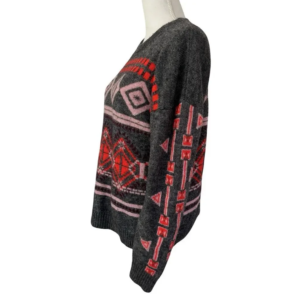 J Crew Womens Fair Isle Wool‎ Mohair Blend Sweater Size L Gray Nordic Preppy